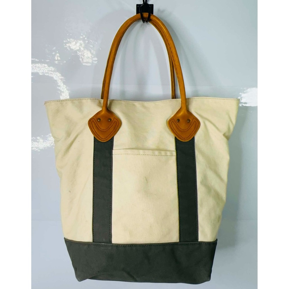 VTG 90s LL Bean 0WY71 Sunwashed Canvas Field Tote Leather Plaid Olive Tan RARE